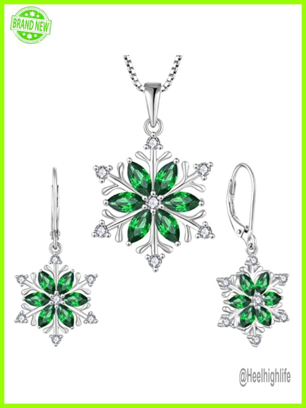 Sterling Silver Created Emerald Snowflake Necklace Earrings Set 18in Box Chain